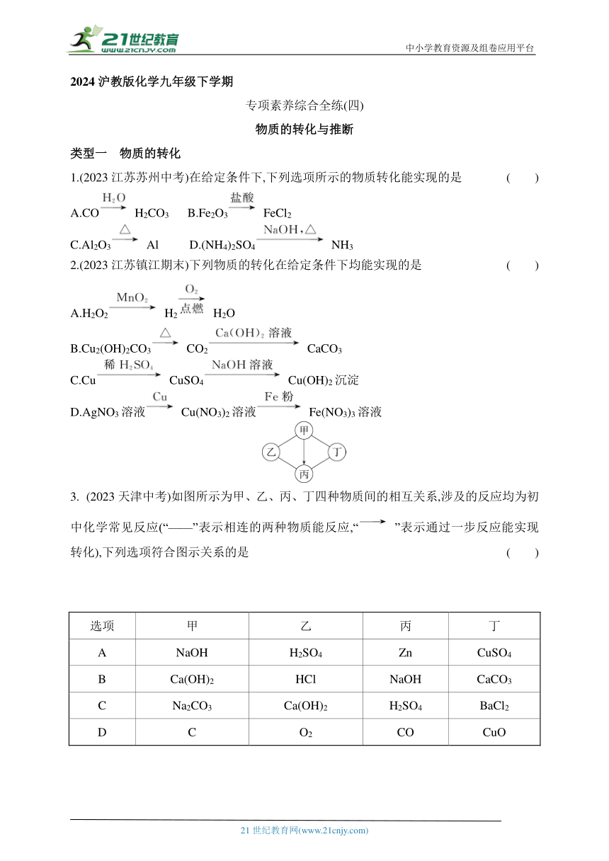 2024沪教版化学九年级下学期课时练--专项素养综合全练(四)物质的转化与推断