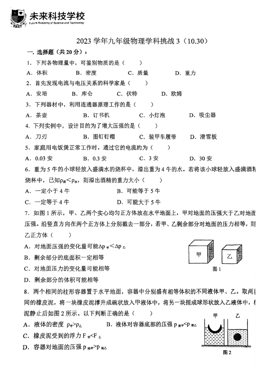 上海市浦东未来科技学校2023-2024学年九年级上学期期中物理考试试卷（pdf版无答案）