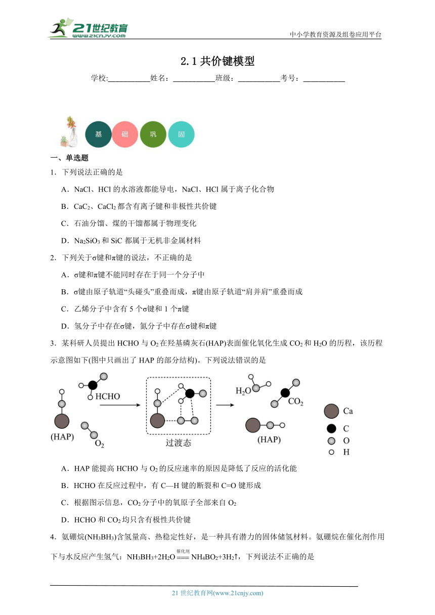 2023-2024学年鲁科版（2019）高中化学选择性必修2 2.1共价键模型分层练习（含答案）