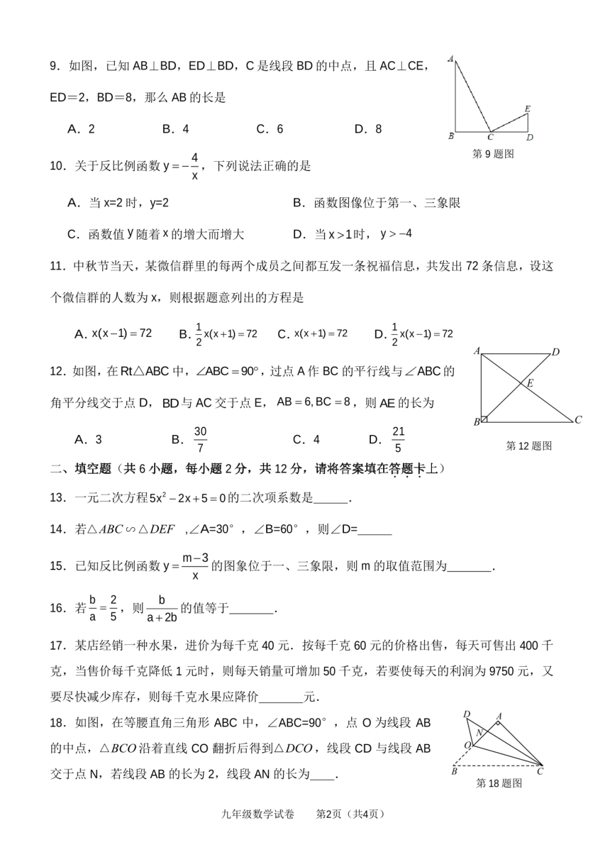 广西桂林市第十三中学2023—-2024学年上学期九年级期中考试数学试题（PDF版无答案）