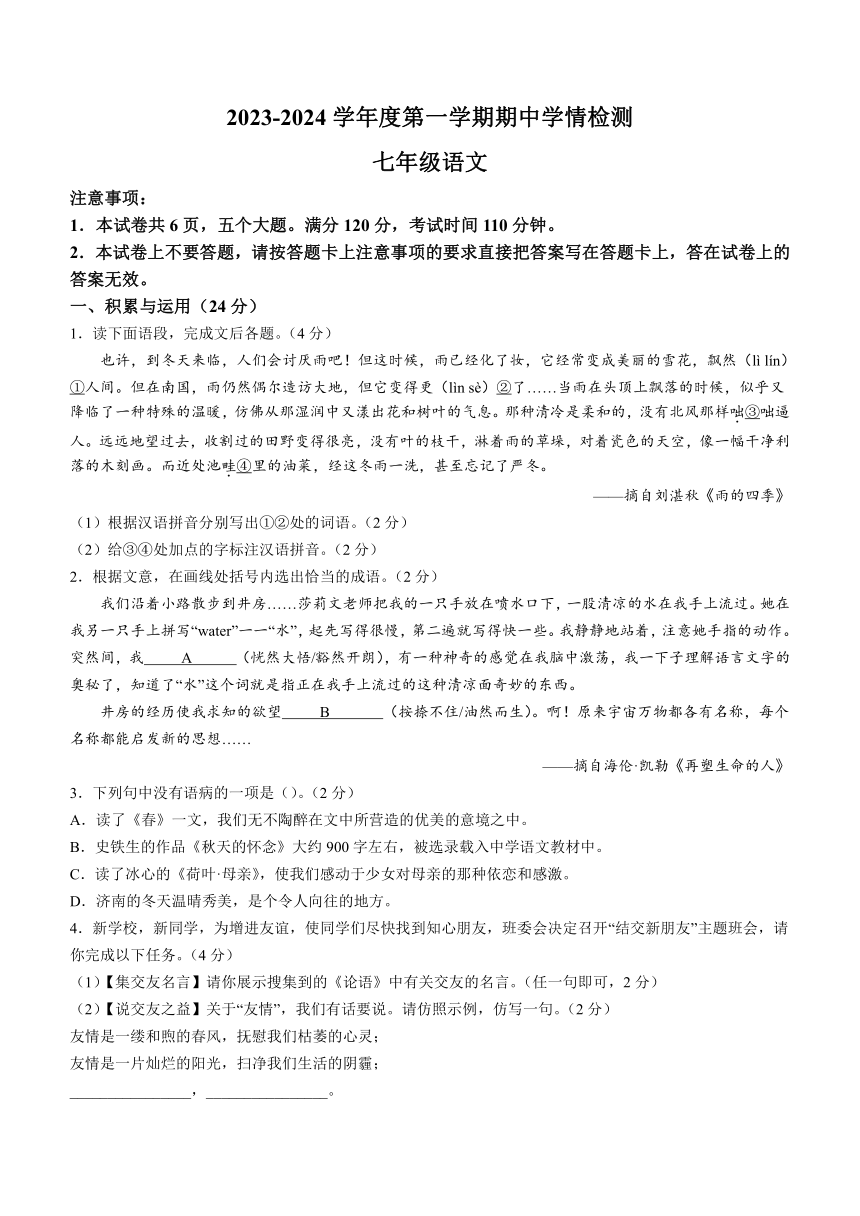 河南省周口市商水县2023-2024学年七年级上学期期中语文试题（含答案）