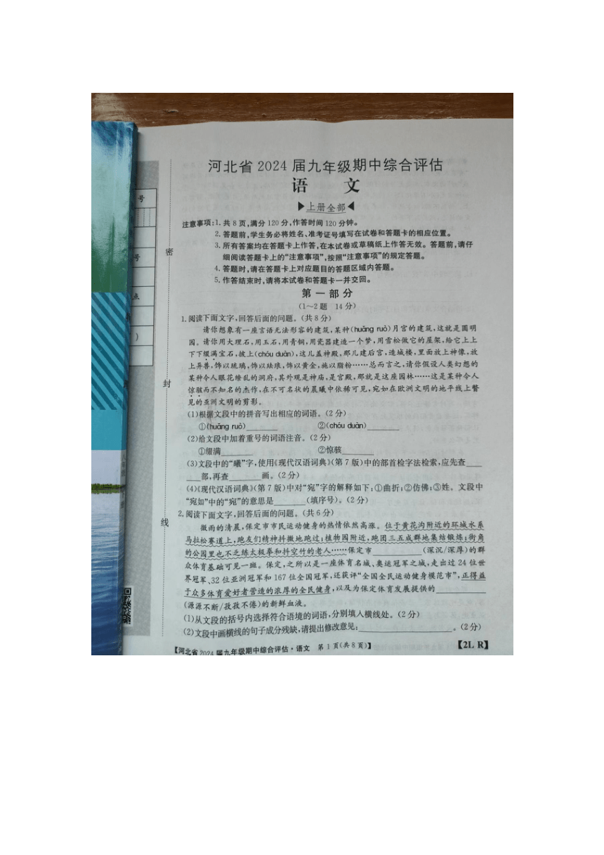 河北省沧州市肃宁县2023-2024学年九年级上学期期中考试语文试题（图片版，无答案）