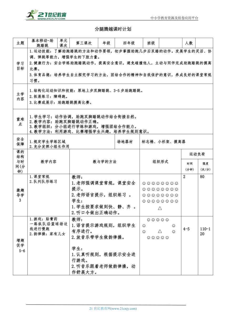 体育4年级 分腿腾跃  3基本移动-助跑踏跳 大单元课时教案