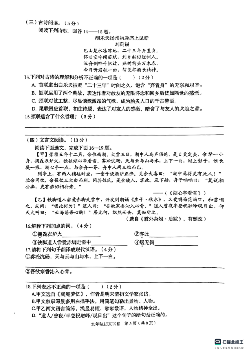 广西壮族自治区贺州市昭平县2023-2024学年九年级上学期11月期中语文试题（pdf版含答案）
