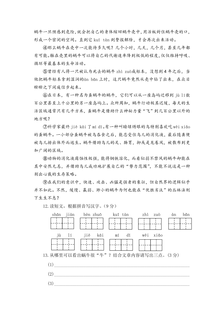 河北省定州市2023--2024学年统编版六年级语文第一学期期中测试卷（有答案）