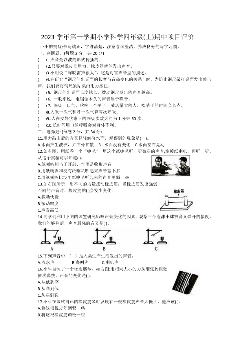 浙江省温州市瑞安市2023-2024学年四年级上学期11月期中科学试题（无答案）