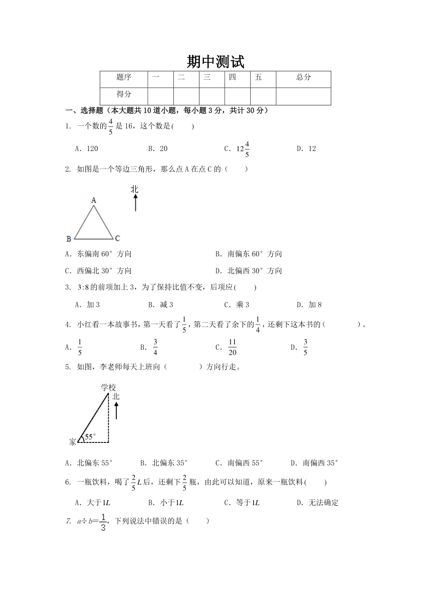 期中测试（1-4单元）（试题）（无答案）六年级上册数学人教版