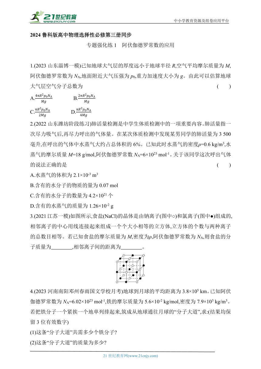 2024鲁科版高中物理选择性必修第三册同步练习--专题强化练1　阿伏伽德罗常数的应用