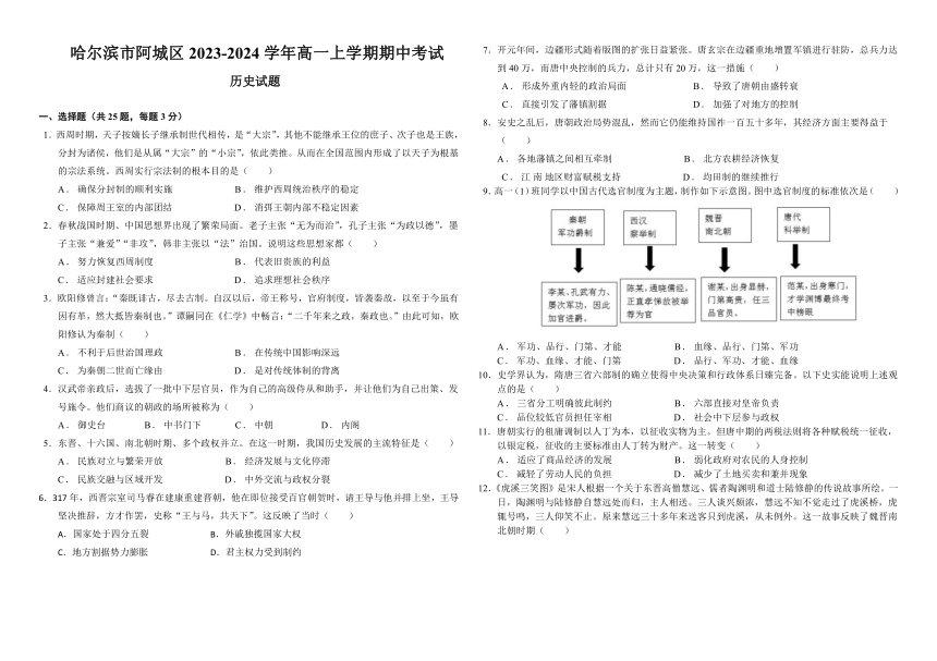 黑龙江省哈尔滨市阿城区2023-2024学年高一上学期期中考试历史试题（含解析）