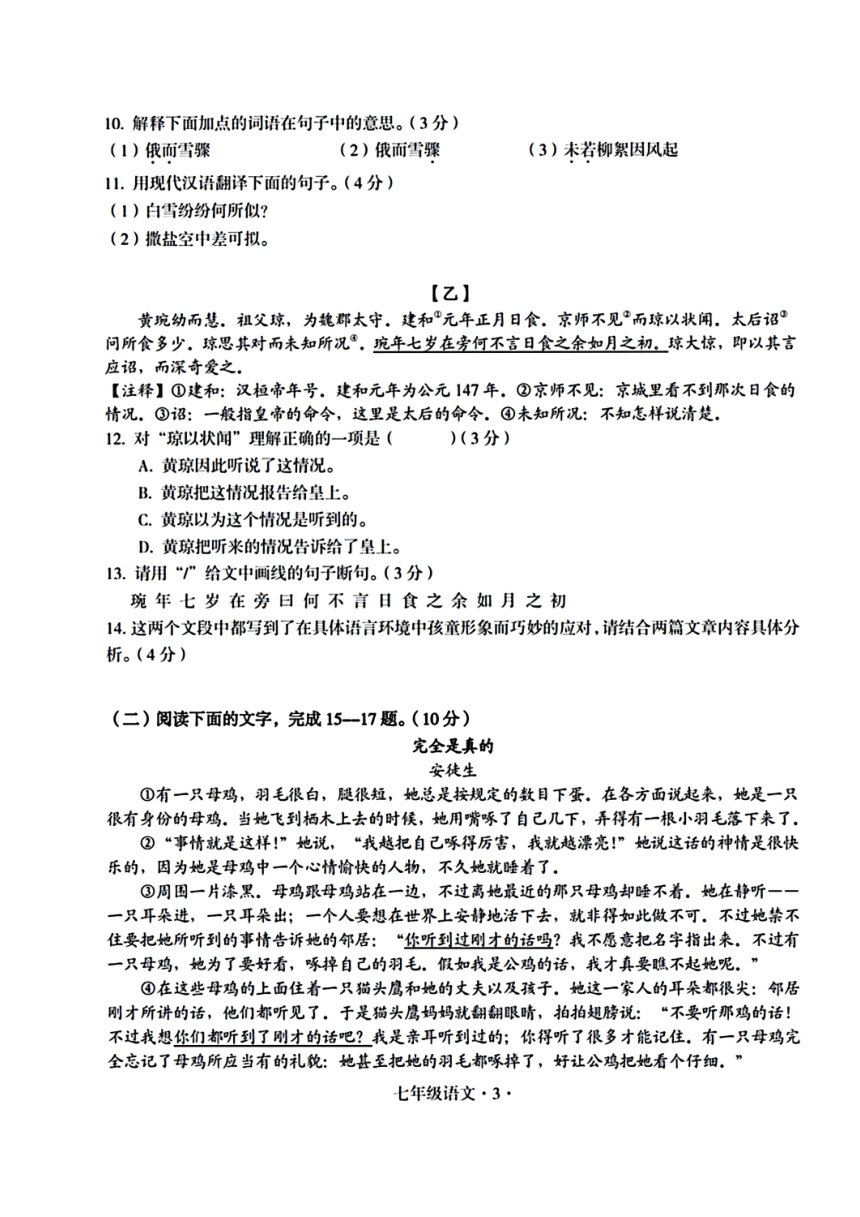 广东省梅州市大埔县2023-2024学年七年级上学期11月期中语文试题(PDF版含答案)