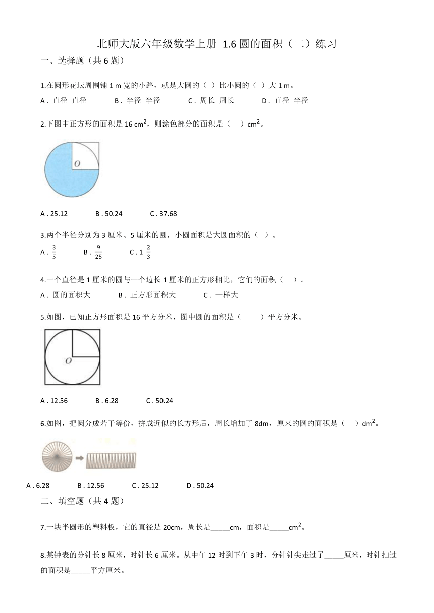 北师大版六年级数学上册 1.6圆的面积（二）练习（无答案）