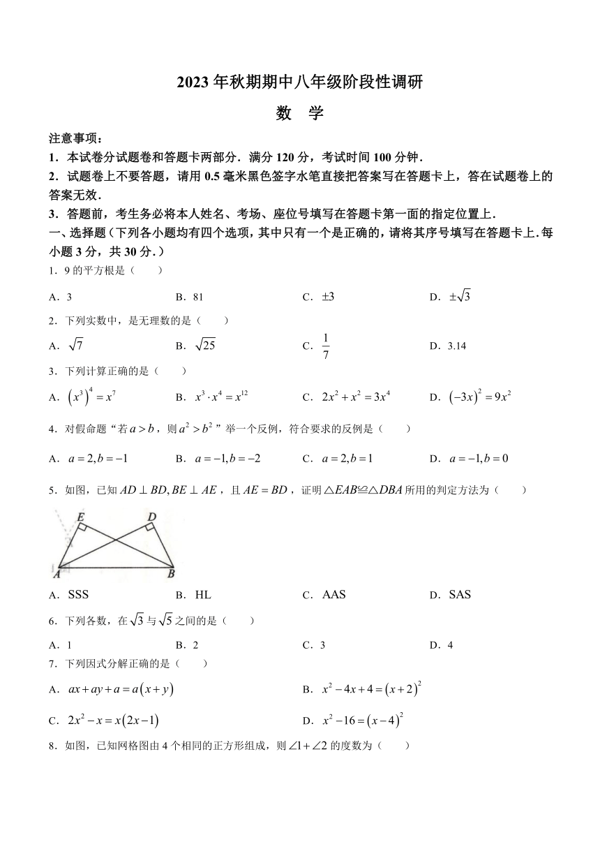 河南省南阳市方城县2023-2024学年八年级上学期期中数学试题（含答案）