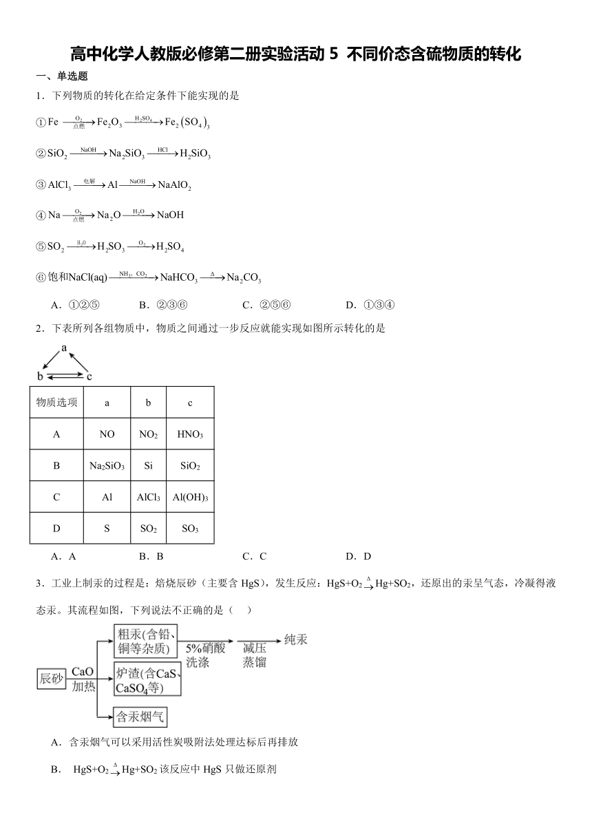 第五章 实验活动5 不同价态含硫物质的转化 同步练习（含答案） 2023-2024学年高一下学期化学人教版（2019）必修第二册