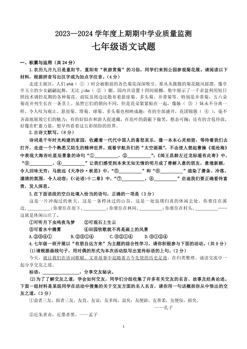 河南省信阳市息县2023-2024学年七年级上学期期中考试语文试题（含答案）