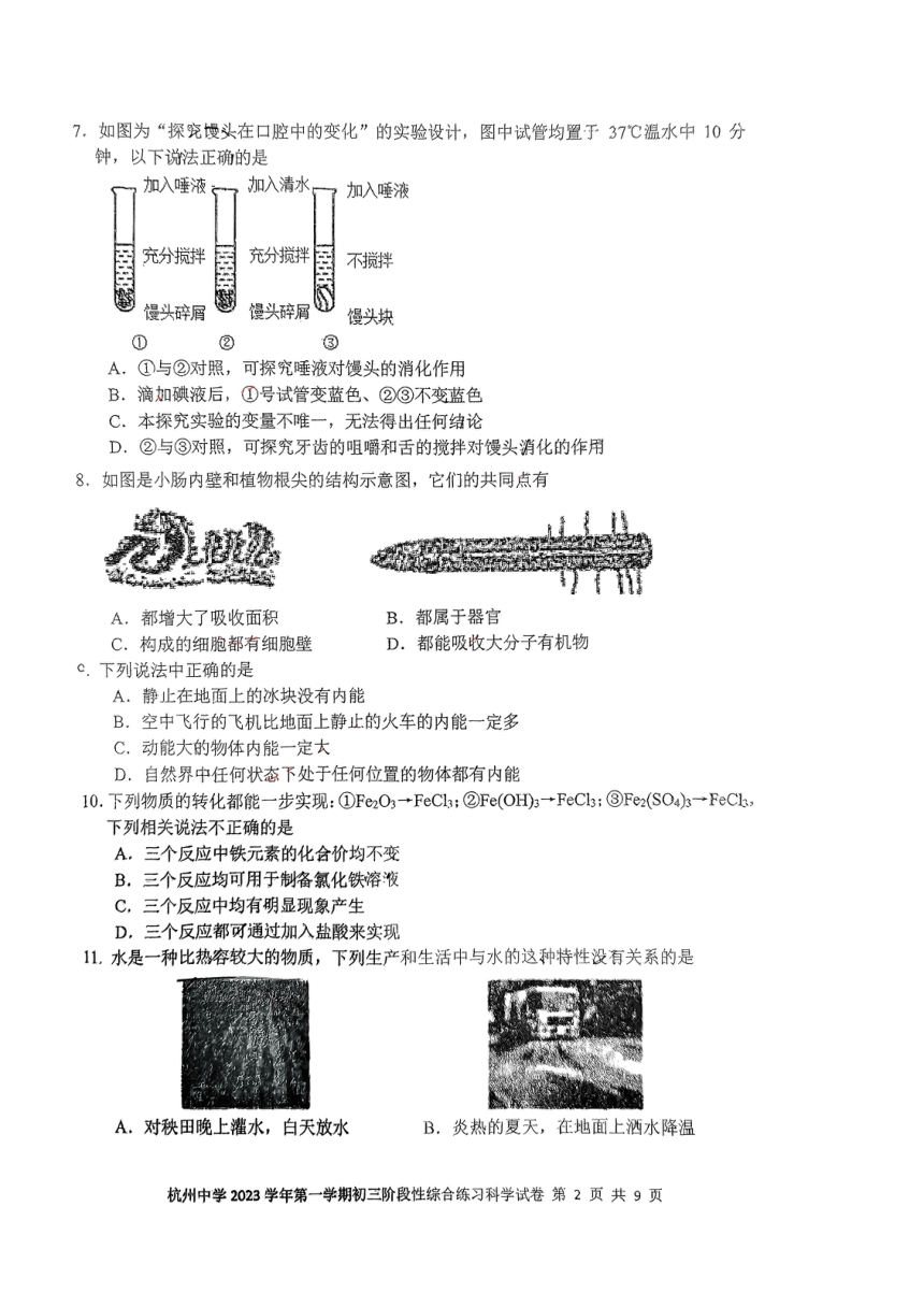 浙江省杭州中学2023年11月第一学期九年级期中科学试题（PDF版，无答案）