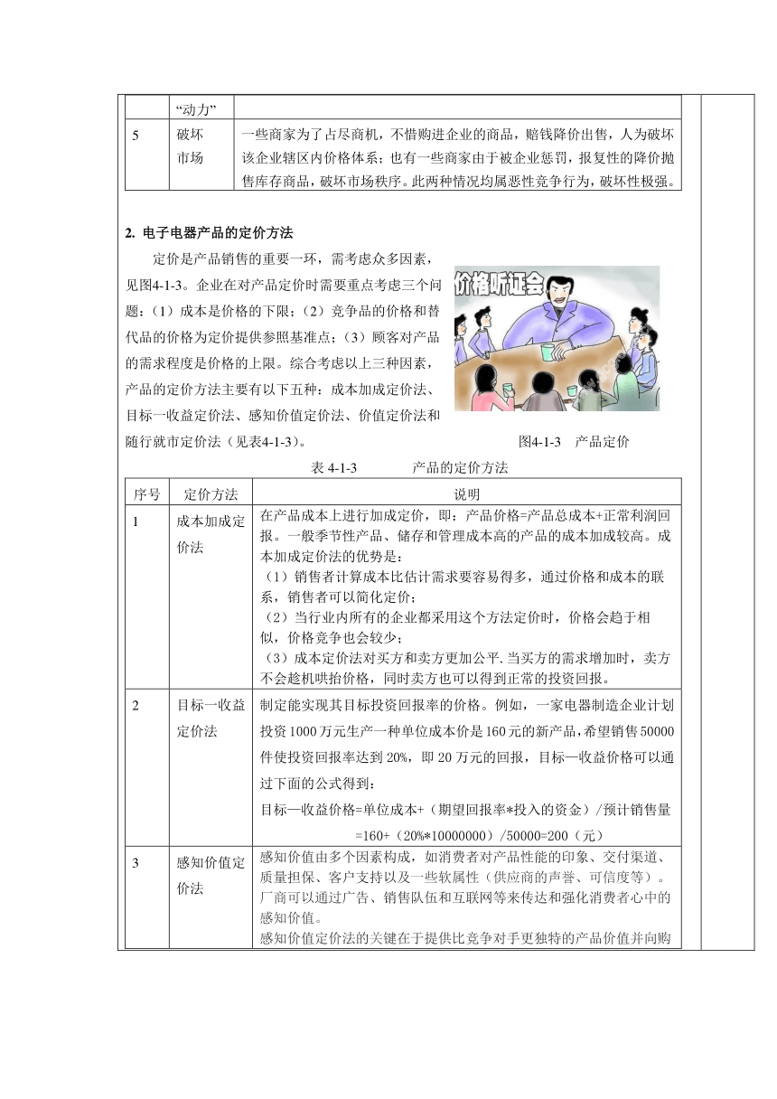 中职语文出版社《电子整机及产品营销实务》  模块 四  电子电器产品的价格策略4．1 熟悉电子电器产品定价方法 教案（表格式）