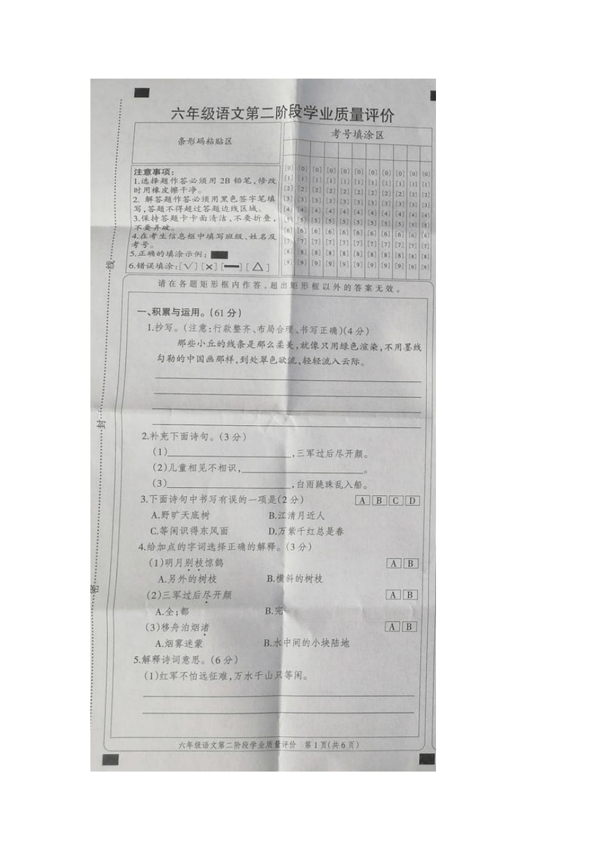 河北省邢台市威县梨园屯学区2023-2024学年六年级上学期11月期中语文试题（图片版 有答案）