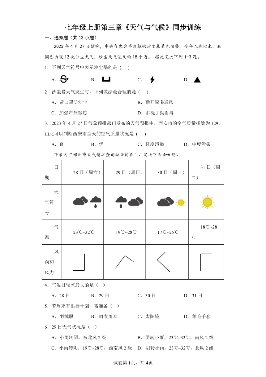 2023-2024年人教版地理七年级上册第三章《天气与气候》同步训练（含答案）