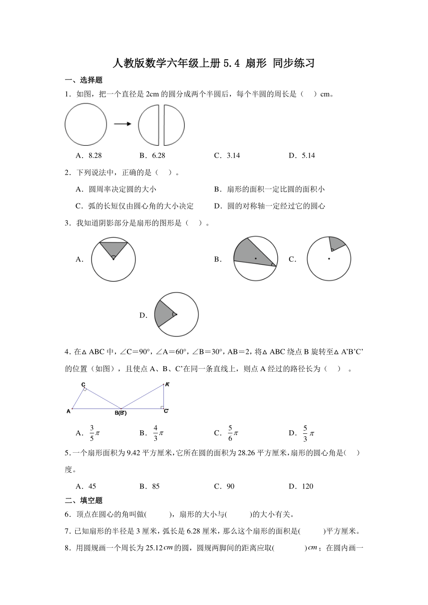 人教版数学六年级上册5.4 扇形 同步练习（无答案）