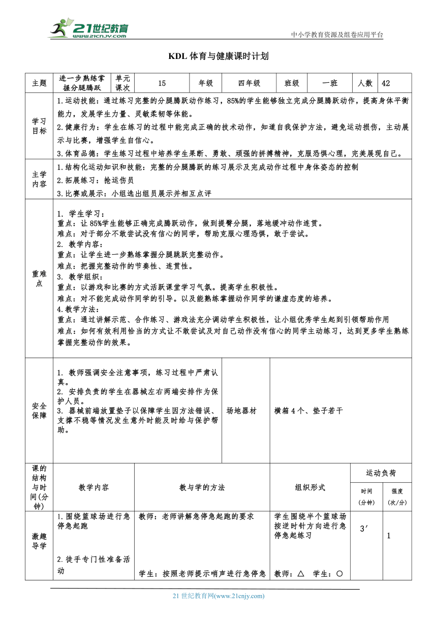 体育4年级 分腿腾跃  15进一步熟练掌握分腿腾跃 大单元课时教案