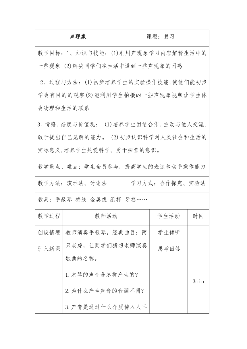 第二章  声现象  本章复习 教案 （表格式）2023-2024学年人教版物理八年级上学期