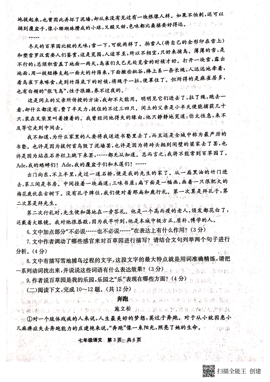 河南省新乡市辉县市2023-2024学年七年级上学期11月期中语文试题（图片版含答案）