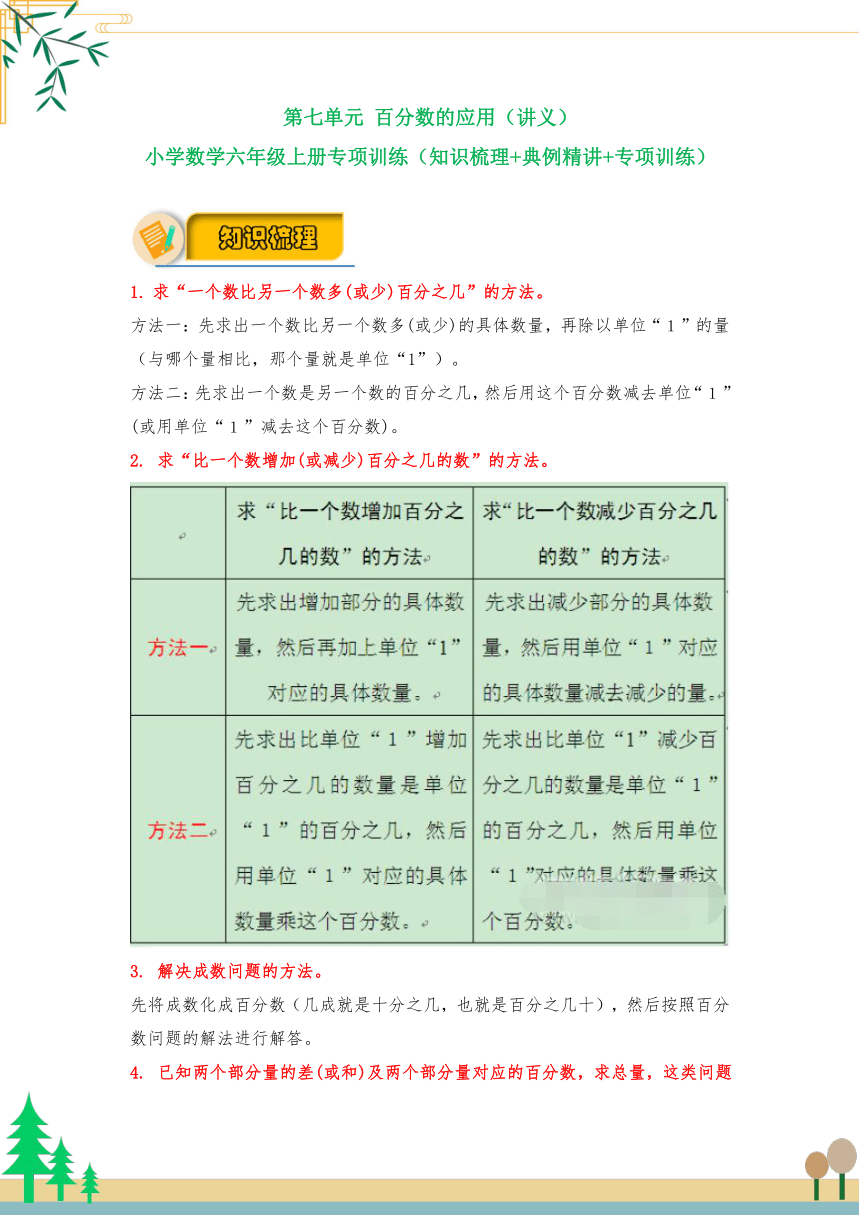 【应用题专项】北师大版六年级数学上册 第7单元 《百分数的应用》（讲义）（知识梳理+典例精讲+专项训练） （含解析）30页