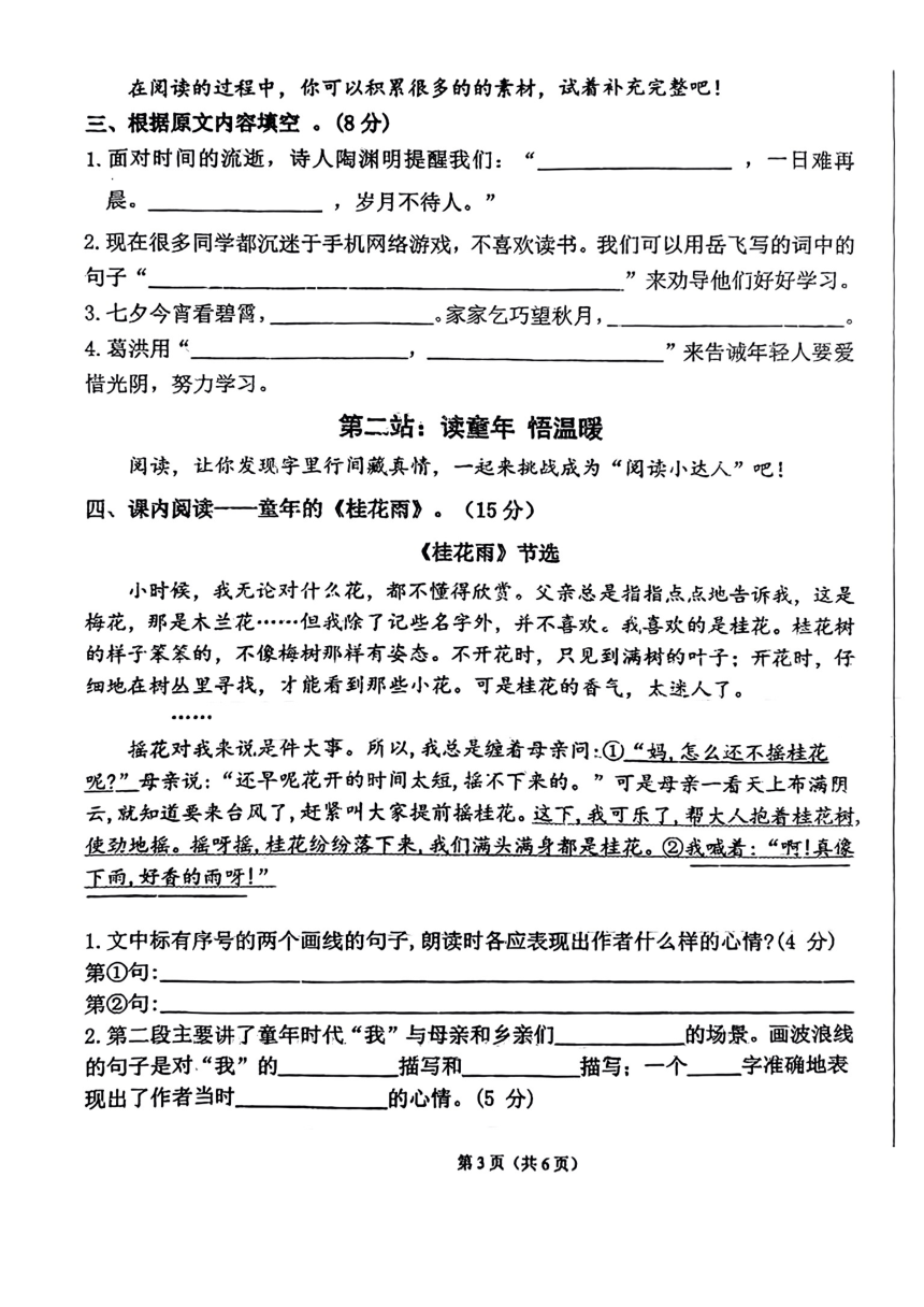 四川省成都市实验外国语学校附属小学2023-2024学年五年级上册期中语文试卷（PDF版，无答案）