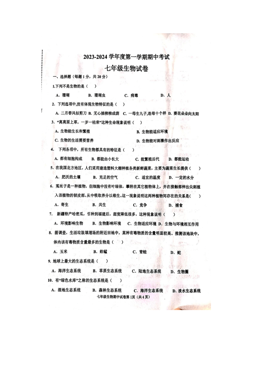 河南省商丘市夏邑县2023-2024学年七年级上学期期中生物试题（PDF版 含答案）