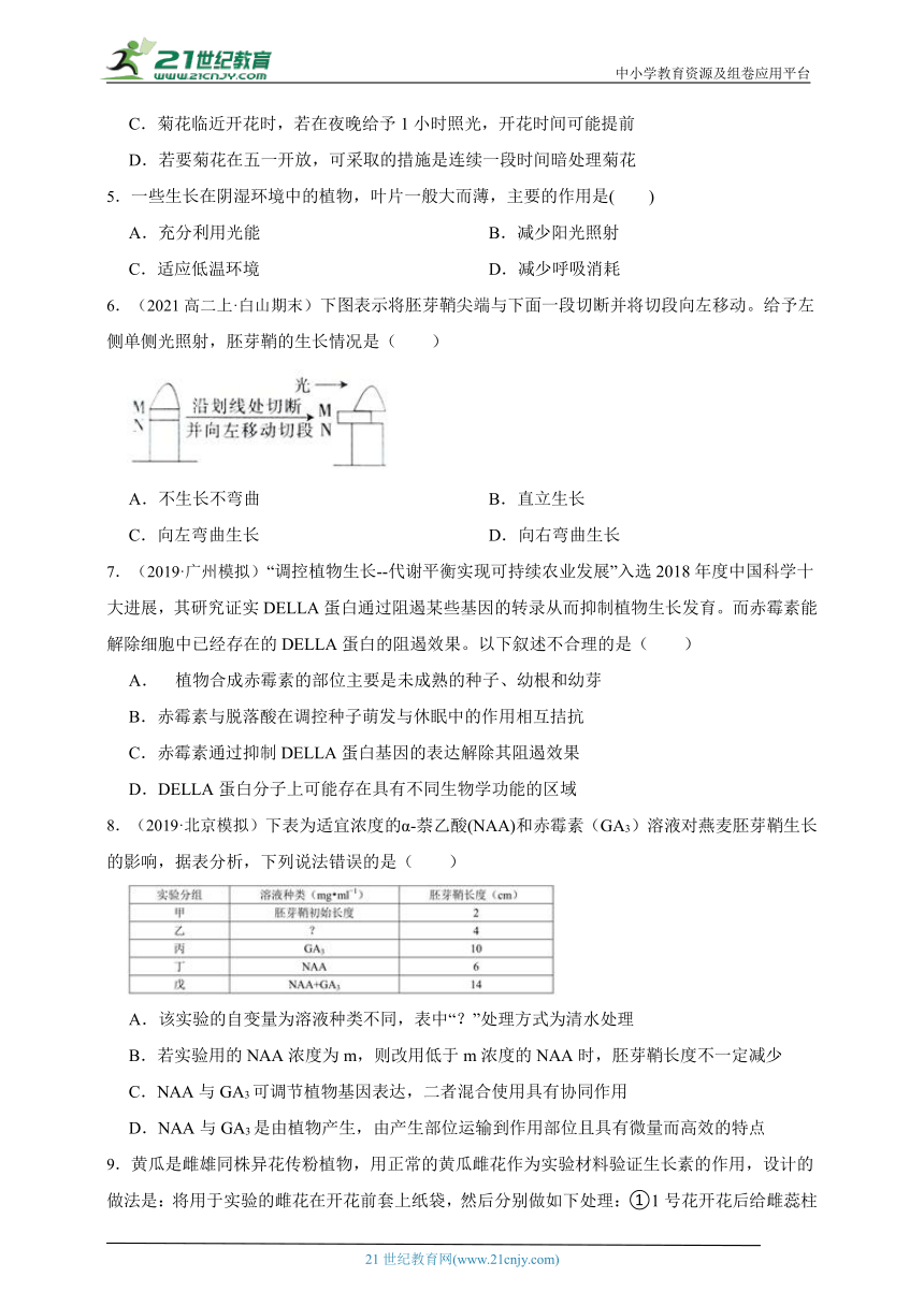 高中生物浙科版（2019）选修1 5.3植物对多种环境信号做出反应章节同步练习（含解析）