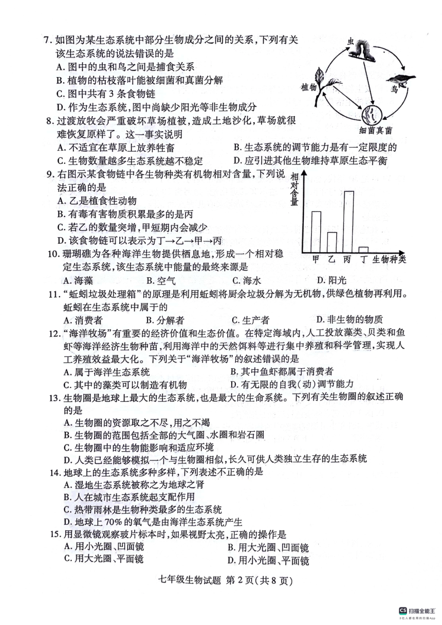 山东省临沂市兰山区2023-2024学年七年级上学期期中生物试题（PDF版含答案）