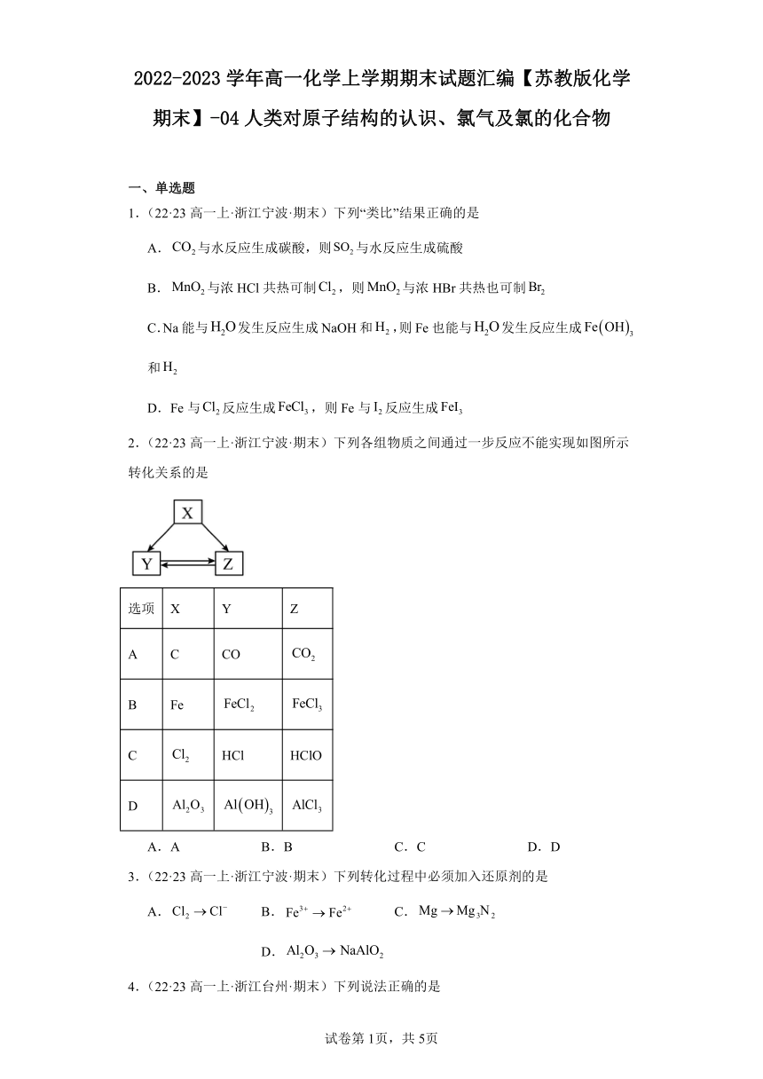 2022-2023学年高一化学上学期期末试题汇编【苏教版化学期末】-04人类对原子结构的认识、氯气及