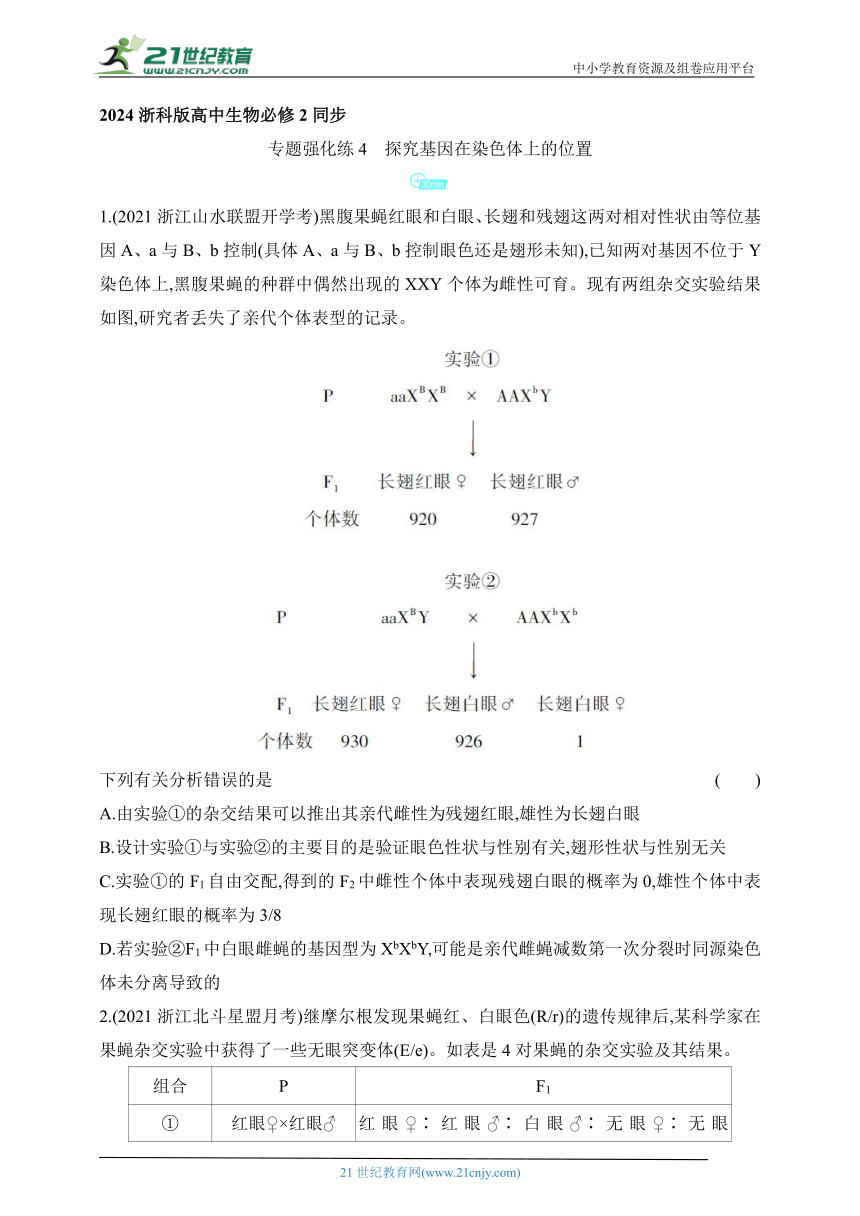 浙科版（2019）高中生物必修2同步练习题：专题强化练4　探究基因在染色体上的位置（含解析）