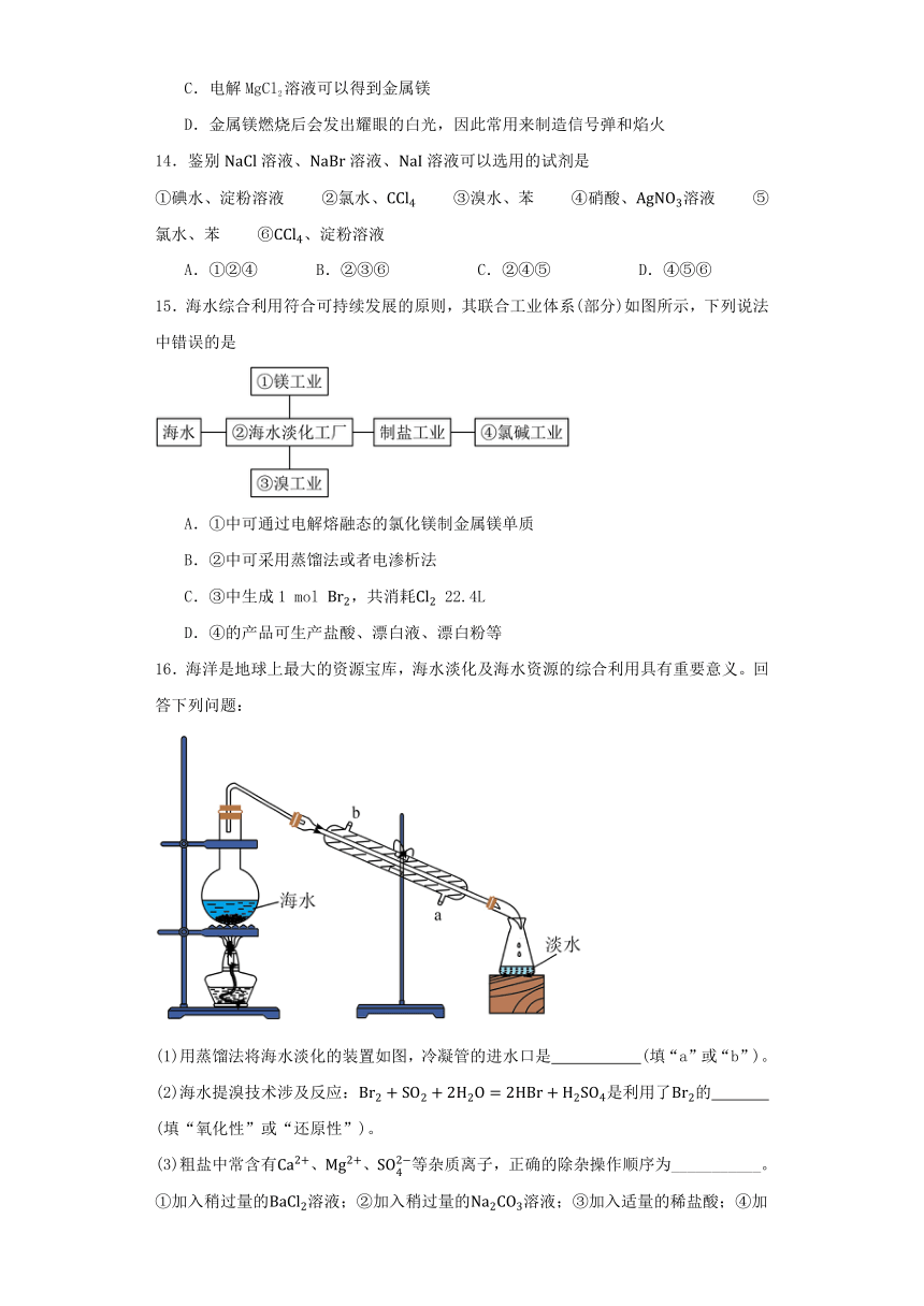 3.3海洋化学资源的综合应用 同步练习（含答案） 2023-2024学年高一上学期化学苏教版（2019）必修第一册