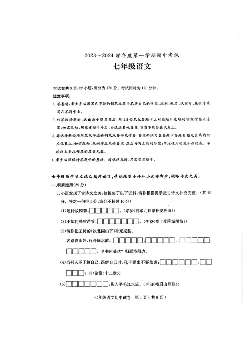 广东省茂名市电白区2023—2024学年七年级上学期期中考试语文试卷（pdf版含答案）