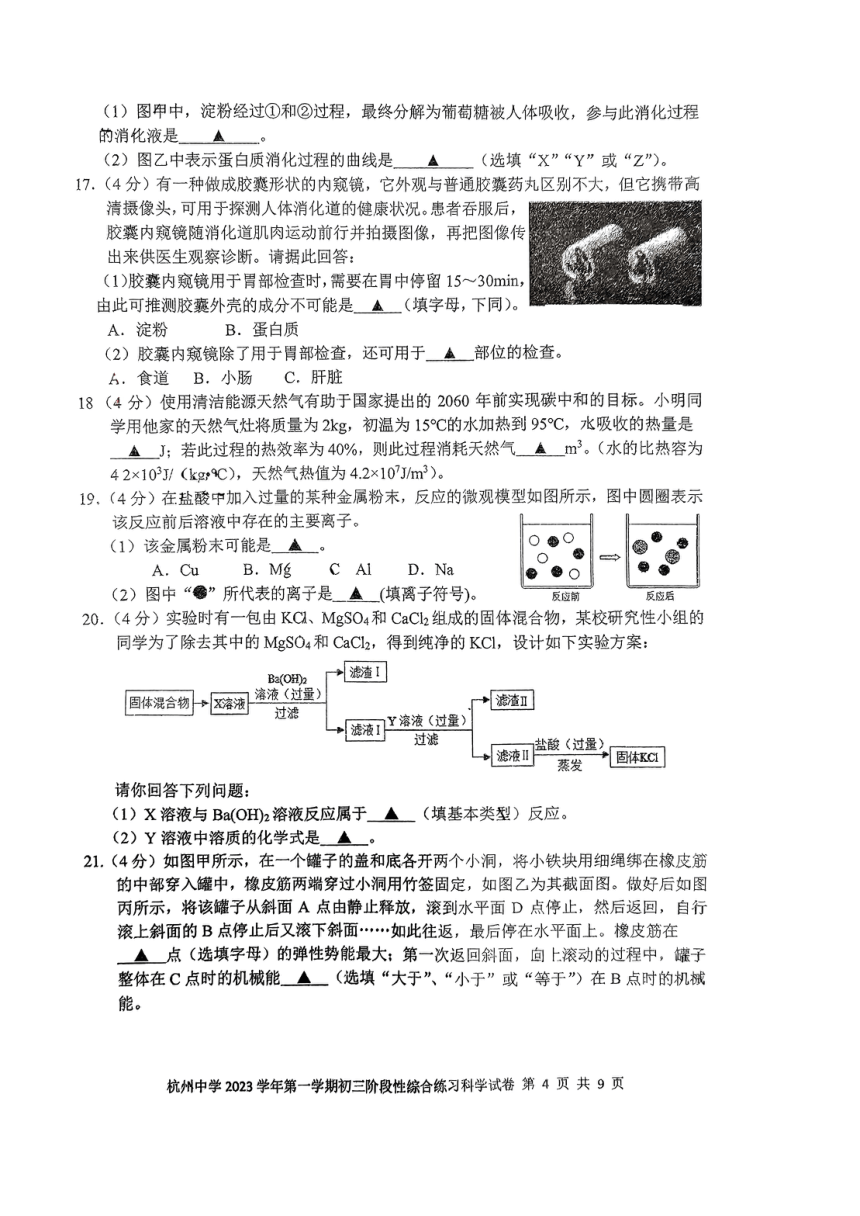 浙江省杭州中学2023年11月第一学期九年级期中科学试题（PDF版，无答案）