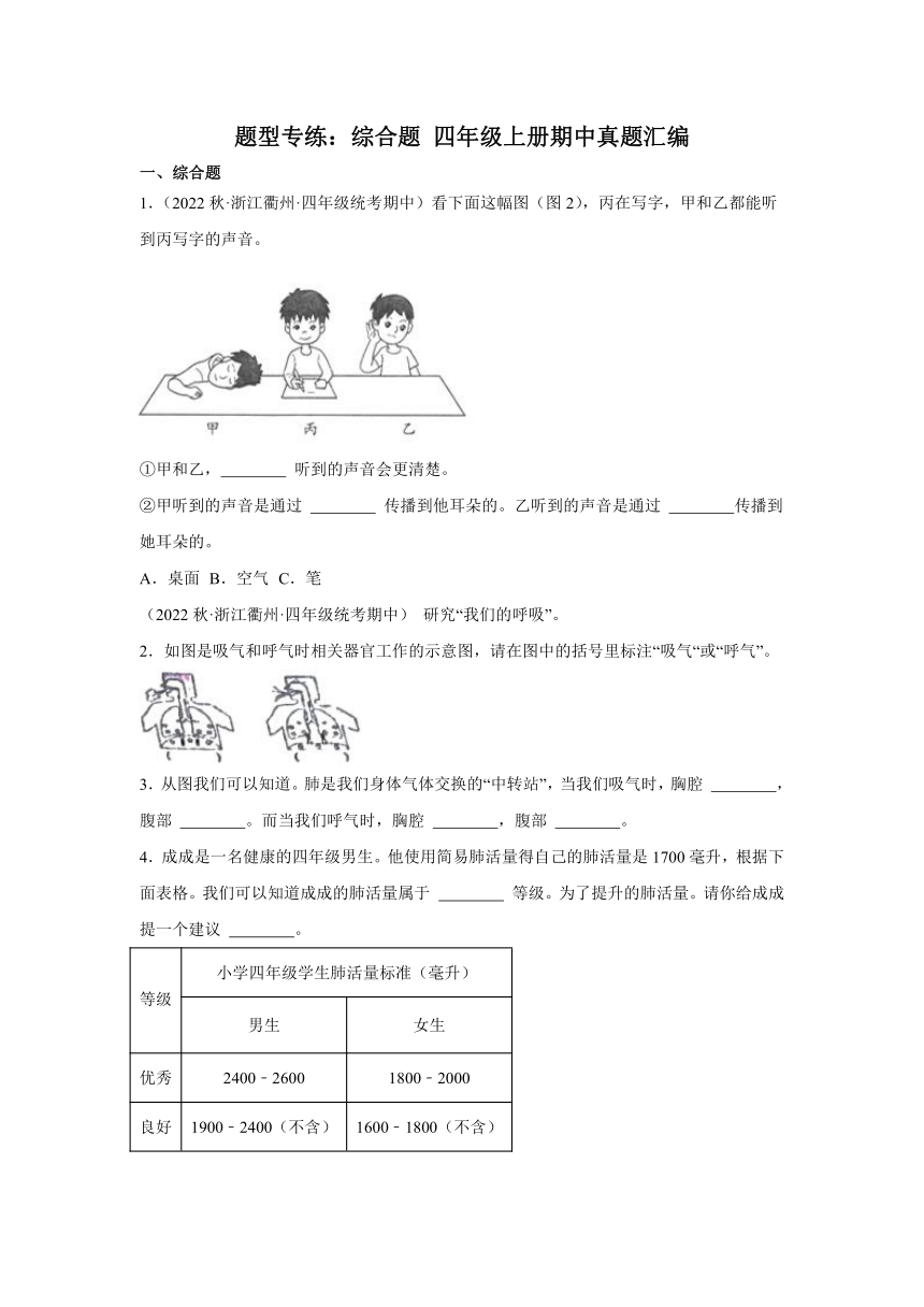 四年级上册期中真题汇编浙江专用（教科版2017） 题型专练：综合题（含解析）