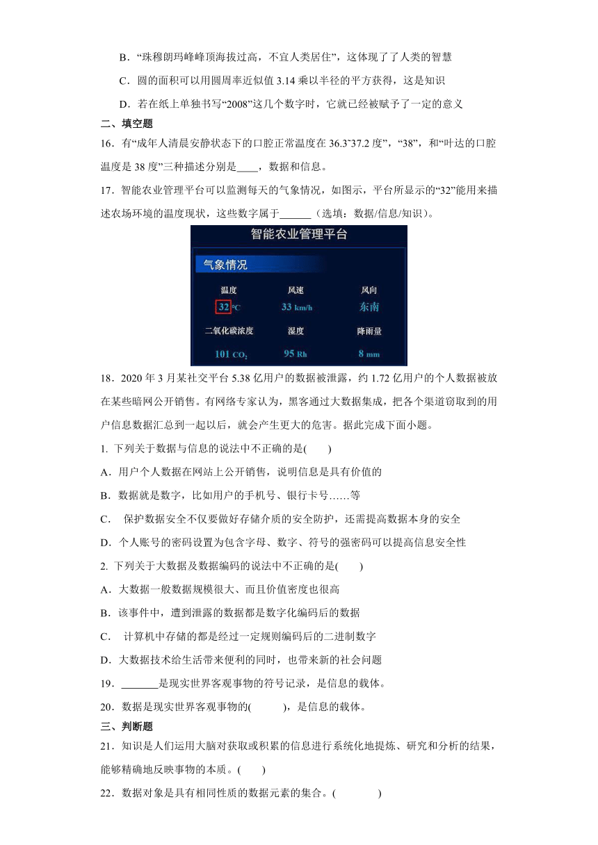 第一单元 初识数据与计算 单元测试（含答案）2022-2023学年教科版（2019）高中信息技术1