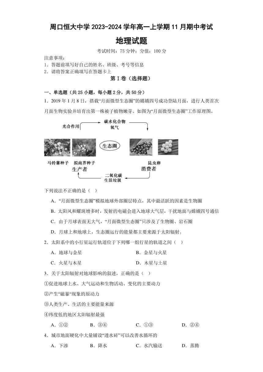 河南省周口市川汇区周口恒大中学2023-2024学年高一上学期11月期中考试地理试题（含解析）