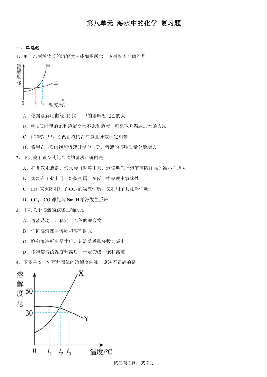 第八单元海水中的化学复习题(含解析) 2023-2024学年九年级化学鲁教版下册