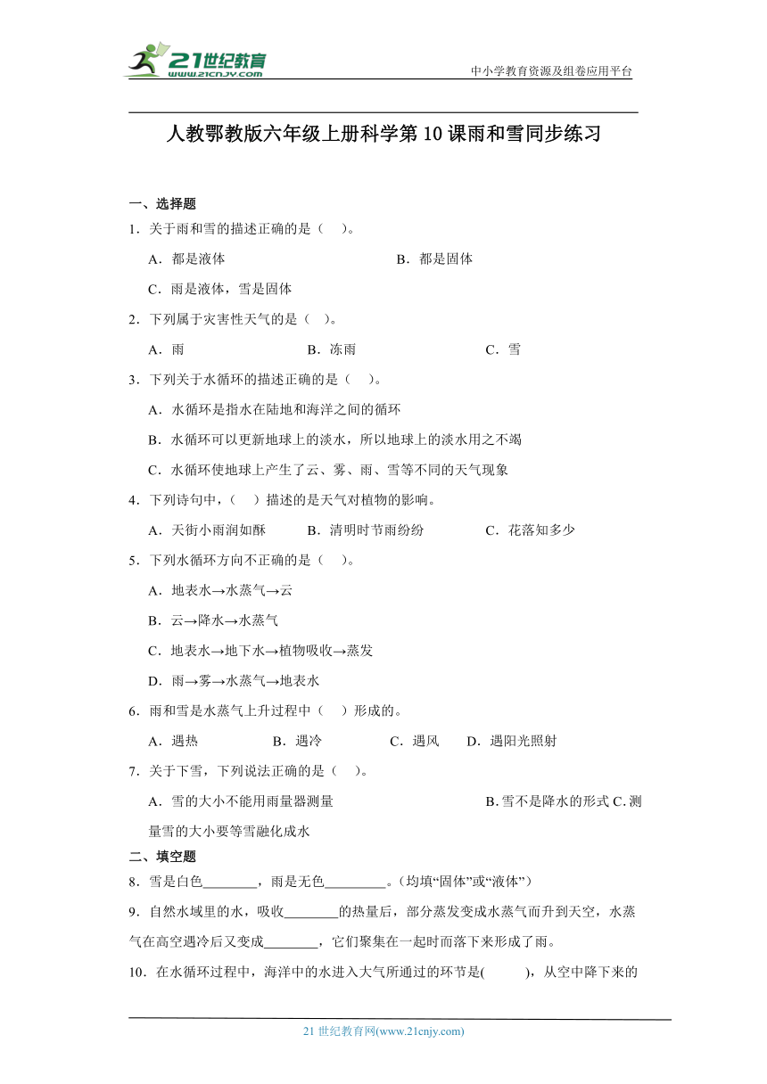 人教鄂教版六年级上册科学3.10 雨和雪 同步练习（含答案）