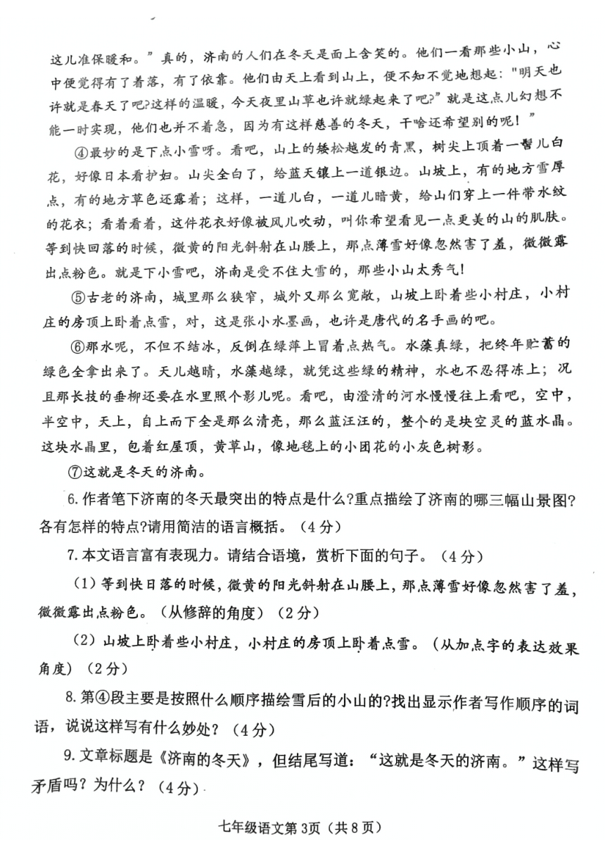 河南省南阳市新野县2023—2024学年七年级上学期期中考试语文试题（图片版，无答案）