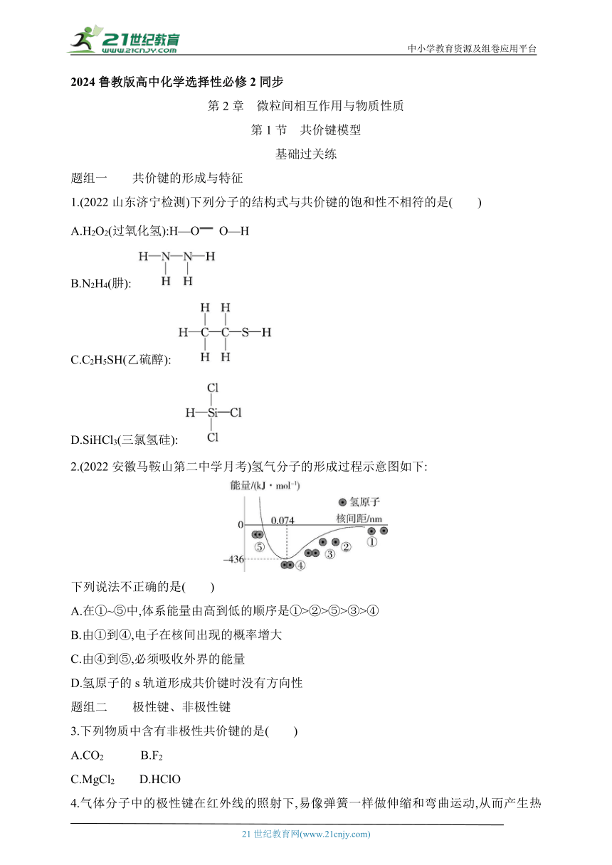 2024鲁教版高中化学选择性必修2同步练习题--第1节 共价键模型（含解析）