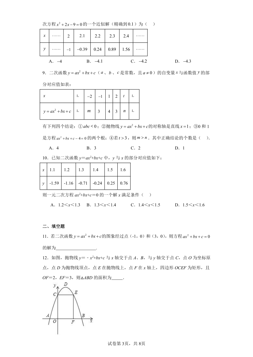 2.5二次函数与一元二次方程分层练习-北师大版数学九年级下册（文字版,有答案）