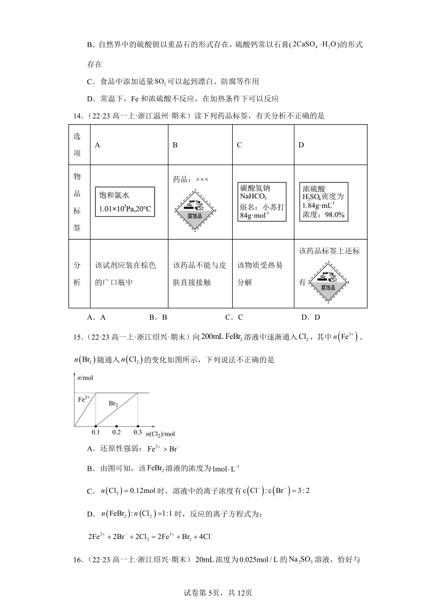 2022-2023学年高一化学上学期期末试题汇编【苏教版化学期末】-06硫与环境保护（含解析）