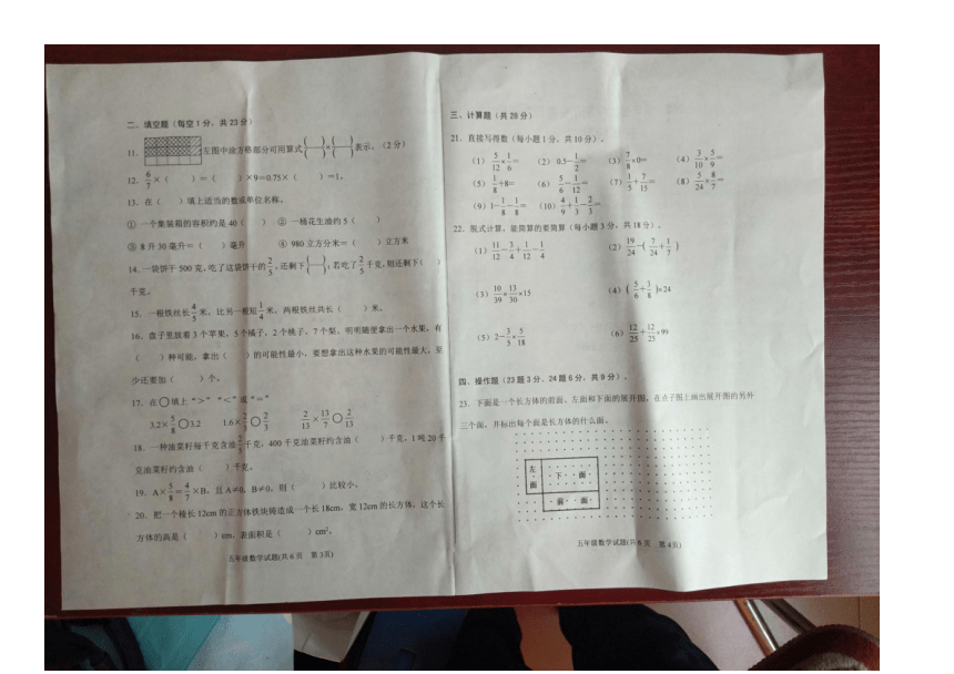 山东省济南市钢城区2023-2024学年五年级上学期11月期中数学试题（图片版含答案）