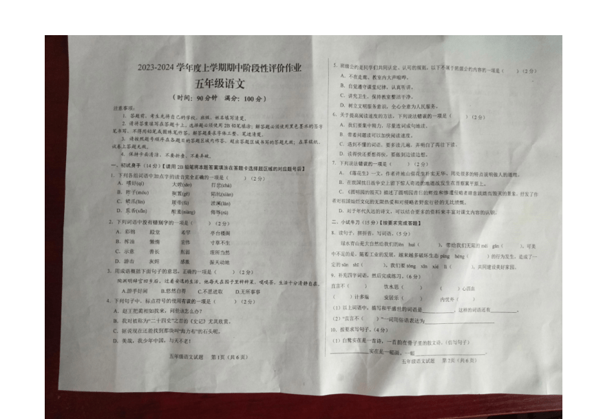 山东省济南市钢城区2023-2024学年五年级上学期11月期中语文试题（图片版，含答案）