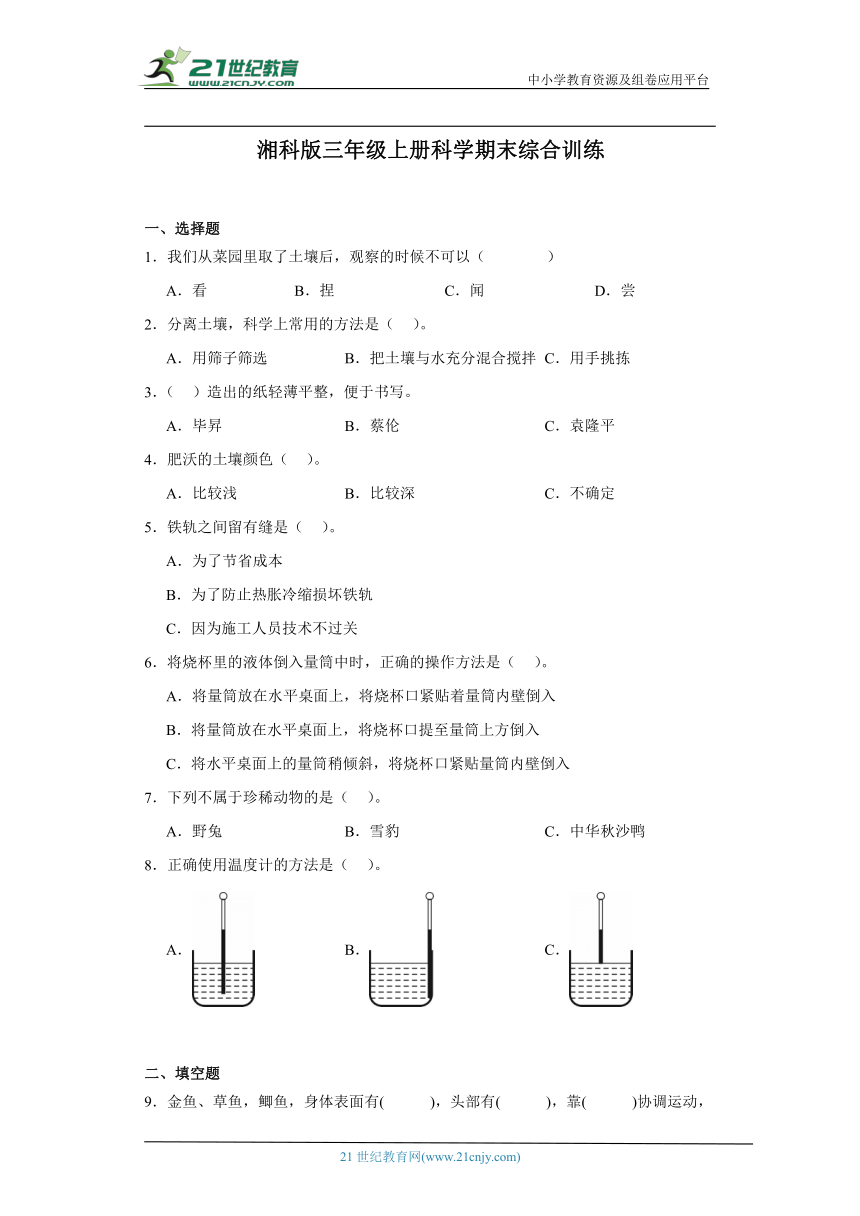 湘科版三年级上册科学期末综合训练（含答案）