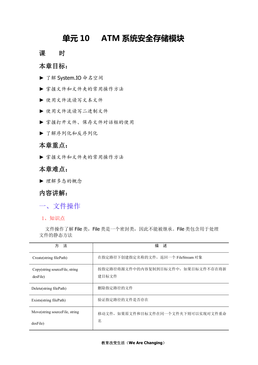 中职语文出版社《面向对象程序设计C#》单元10 ATM系统安全存储模块教案