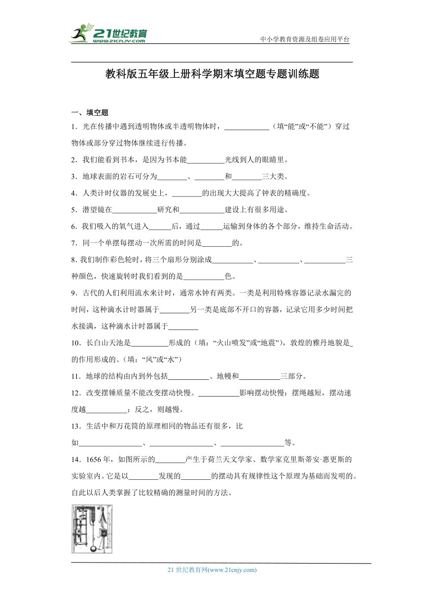 教科版五年级上册科学期末填空题专题训练题（含答案）